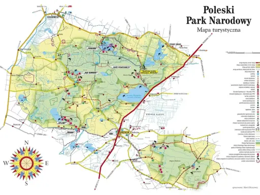Mapa turystyczna Polskiego Parku Narodowego z zaznaczonymi szlakami, jeziorami i miejscowościami.