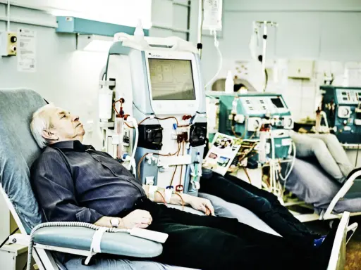 Starszy mężczyzna podłączony do aparatury dializacyjnej. Pytanie, ile można żyć bez dializ, nabiera tu szczególnego znaczenia.