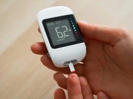 Pomiar glukozy glukometrem. Czy paski do glukometru są darmowe dla seniorów? Wynik 6.2 mmol/L.