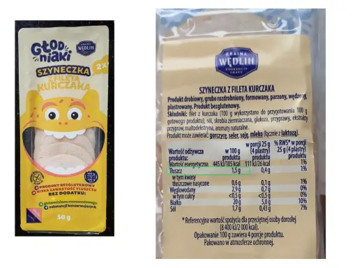 Szyneczka z fileta kurczaka w opakowaniu 50g. Produkt bezglutenowy, z niską zawartością tłuszczu, bez dodatku glutaminianu.