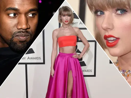 Kanye West i Taylor Swift na gali Grammy. Kanye West w czarnej koszulce, Taylor Swift w dwuczęściowej kreacji.