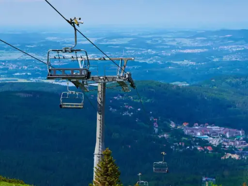 Karpacz i Szklarska Poręba z lotu ptaka. Kolejka linowa wznosi się nad zielonymi lasami i zabudowaniami.