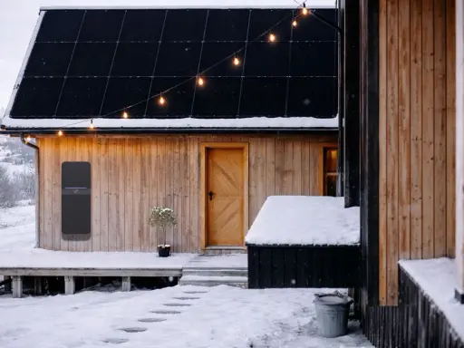 Ett modernt solcellsbatteri utomhus monterat på en träfasad, med snö på taket och marken. Julbelysning lyser upp kvällen.