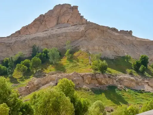 Grüne Oase am Fuße eines Felsmassivs bei Al Ain. Üppige Vegetation kontrastiert mit der trockenen Berglandschaft.