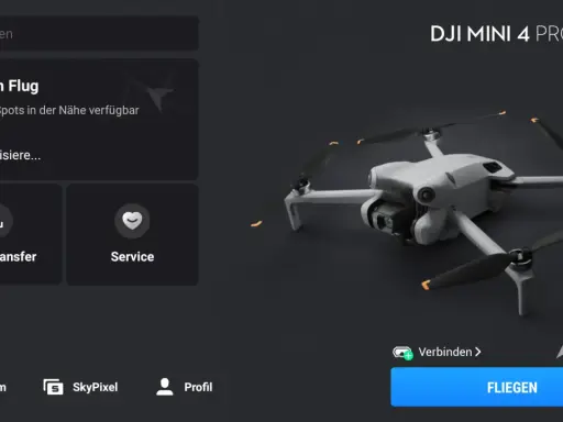 DJI Mini 4 Pro mit der dji fly app android. Vor dem Flug: Lokalisiere Fly Spots, QuickTransfer, Service. Fliegen.