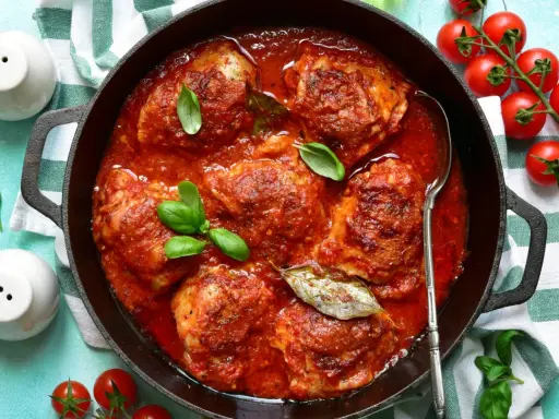 Un saporito pollo in umido, cotto lentamente in una ricca salsa di pomodoro, guarnito con basilico fresco e alloro.