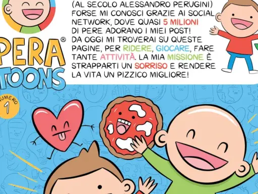 Copertina di Pera Toons numero 1, con personaggi sorridenti, una pera e una pizza. La missione è strapparti un sorriso!