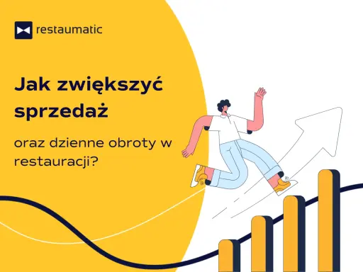 Jak zwiększyć sprzedaż i obroty w restauracji? Stylizowana grafika z człowiekiem biegnącym po wykresie wzrostu.