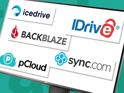 Logotyper för molntjänster som Icedrive, Backblaze, IDrive, pCloud och Sync.com. Perfekt för att spara bilder i molnet.