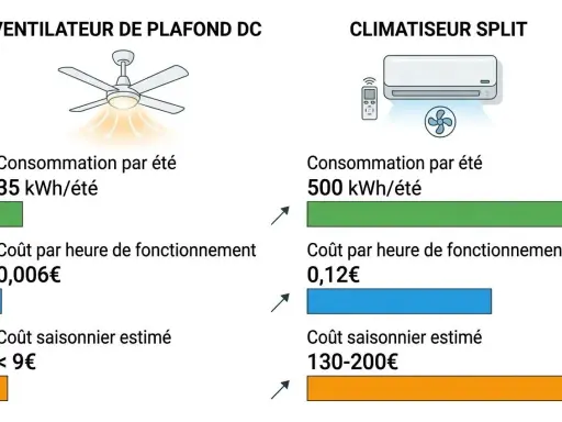 Comparaison entre un ventilateur de plafond et un climatiseur split. Le ventilateur est bien plus économique en été.