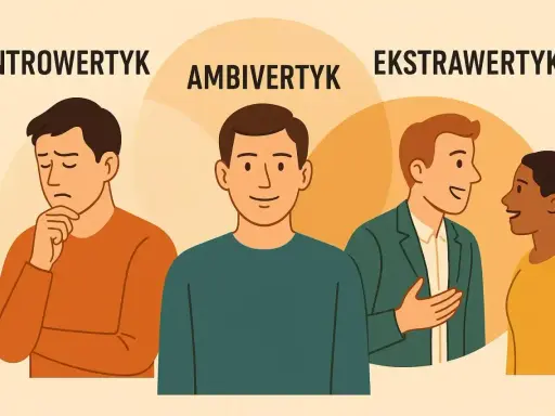 Trzy osoby: zamyślony introwertyk, uśmiechnięty **ambiwertyk** i rozmawiający ekstrawertyk.