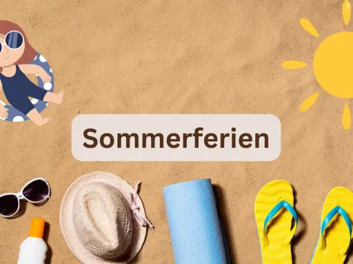 Sommerferien-Vorbereitung: Kind im Schwimmring, Sonnenbrille, Hut, Yogamatte, Flip-Flops und Sonnencreme. Welches Bundesland hat als erstes Sommerferien?