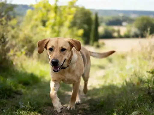 Un joyeux staff croisé labrador court sur un sentier herbeux, le soleil illumine son pelage doré.