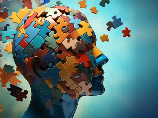 Głowa złożona z kolorowych puzzli, niektóre odpadają. Symbolizuje to myślenie życzeniowe, gdzie rzeczywistość jest dopasowywana do pragnień.
