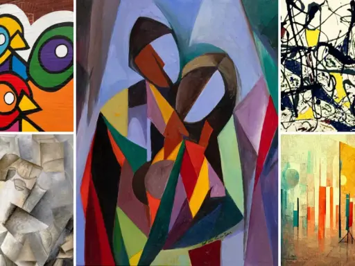 Collage of modern art styles: vibrant birds mural, cubist portrait, abstract figures, Jackson Pollock-esque drip painting, and a stylized cityscape.
