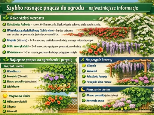 Szybko rosnące pnącza zimozielone na siatkę: winobluszcz, powojniki, bluszcz, wiciokrzew. Wiele gatunków szybko pokrywa ogrodzenie.