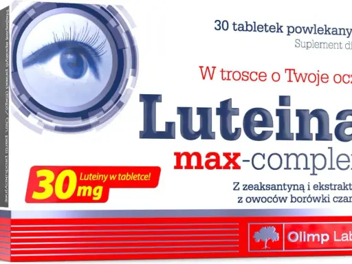 Opakowanie suplementu diety Luteina max-complex, wspierającego zdrowie oczu. Zawiera 30 tabletek z luteiną i zeaksantyną.