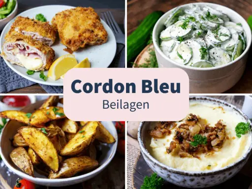Cordon Bleu mit Kartoffelspalten, Gurkensalat und Kartoffelpüree. Köstliche Beilagen für ein perfektes Essen.