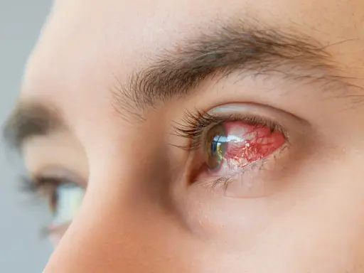 Silnie zaczerwienione oko, objaw choroby zwanej potocznie "pink eye" po polsku. Widoczne naczynka i łzawienie.