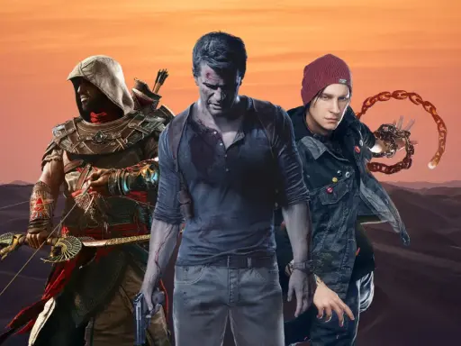 Trzech bohaterów gier: Bayek z Asasynów, Nathan Drake z Uncharted i Delsin Rowe z Infamous, na tle pustynnego krajobrazu.