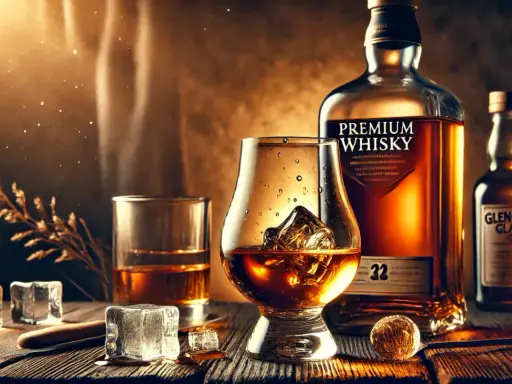 Ein Glas mit Eiswürfeln und bernsteinfarbenem Whisky, daneben eine Flasche "Premium Whisky". So trinkt man Whisky stilvoll.