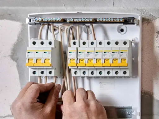 Ręce elektryka podłączają przewody do skrzynki z bezpiecznikami. To właśnie wlz co to za instalacja?