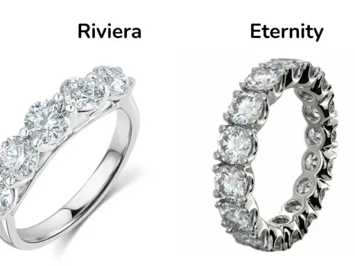Anello Riviera con 5 diamanti e anello eternity con diamanti tutt'intorno, simbolo di un amore senza fine.