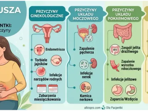 Ból podbrzusza na środku może mieć wiele przyczyn: ginekologiczne, moczowe, pokarmowe, a także napięcie mięśniowe czy stres. Kiedy udać się do lekarza? Gdy ból jest ostry, nagły, towarzyszy mu gorączka, krwawienie lub problemy z oddawaniem moczu.