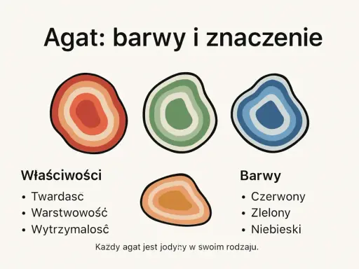 Ilustracja przedstawia trzy kolorowe odmiany agatu: czerwony, zielony i niebieski, z opisem jego właściwości i barw.