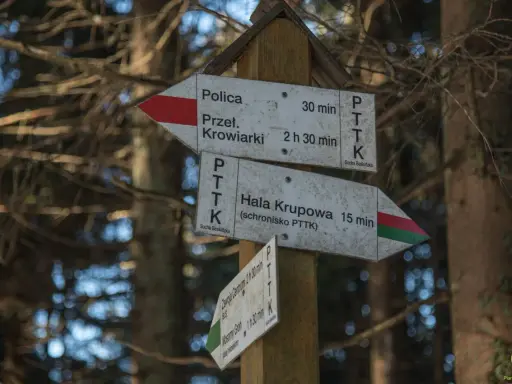 Rozdroże szlaków PTTK. Wskazówki kierują do Hali Krupowej (15 min), Przełęczy Krowiarki (2h 30 min) i Policy (30 min).