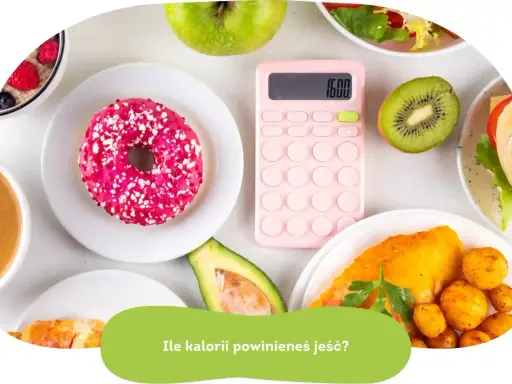 Różnorodne jedzenie i kalkulator z napisem "Ile kalorii dziennie?".