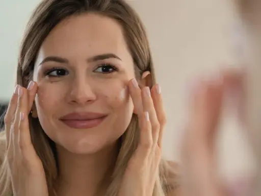 Une femme applique de la crème sur son visage, un geste pour enlever ride et garder une peau jeune.