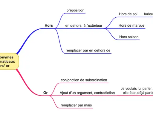 Carte mentale expliquant les homonymes grammaticaux "hors" et "or". "Hors" est une préposition, "or" une conjonction. Une utilisation hors pair de la langue française.