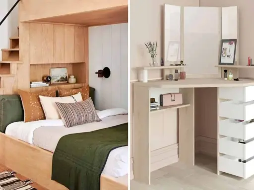 Comment avoir une belle chambre : un lit douillet intégré dans des étagères en bois et un coin coiffeuse moderne avec miroir.