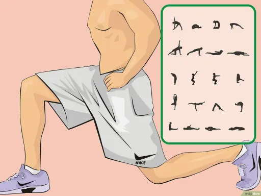 Ilustracja pokazuje mężczyznę w wykroku, obok schematyczne ćwiczenia, które mogą pomóc w treningu mięśni kegla ćwiczenia u mężczyzn.
