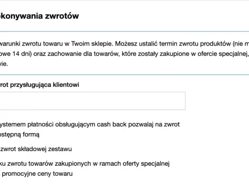 Ustawienia zwrotów: 14 dni na zwrot, możliwość zwrotu zestawów. To forma pomocy dla konsumentów, wspierana przez europejskie centrum konsumenckie.