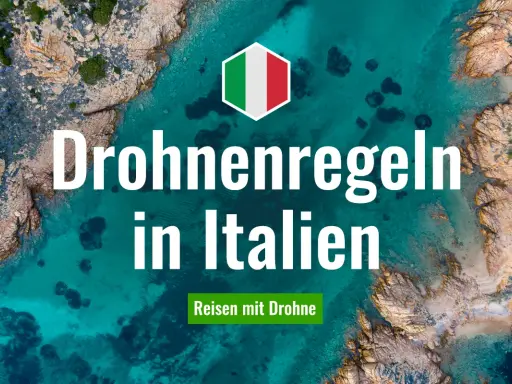 Drohnenregeln in Italien: Ein Hexagon mit italienischer Flagge über einer Küstenlandschaft. Reisen mit Drohne.