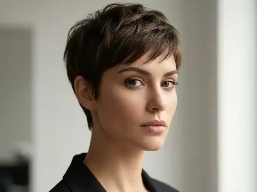 Kobieta z brązowymi włosami w fryzurze pixie cut. Ta fryzura pixie cut dla kogo? Dla odważnych i pewnych siebie kobiet, które chcą podkreślić swoją urodę.