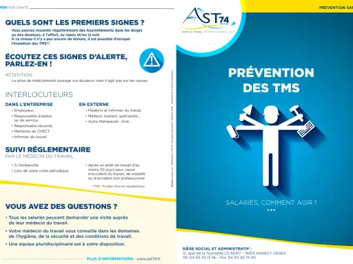 Affiche de prévention des TMS : écoutez les signes d'alerte, parlez-en ! L'image illustre la prévention des troubles musculo-squelettiques.