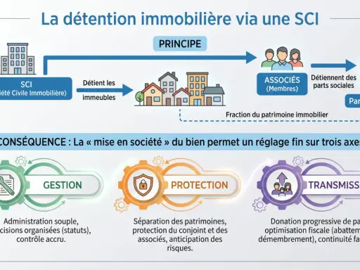 Schéma expliquant la détention immobilière via une SCI, illustrant le principe et les conséquences pour la gestion, la protection et la transmission, idéal pour une sci familiale.