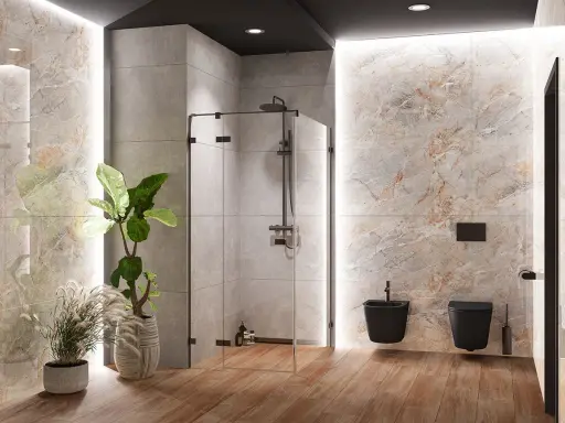 Nowoczesna łazienka z prysznicem walk-in. Deszczownica zamontowana na odpowiedniej wysokości, obok czarna miska WC i bidet.