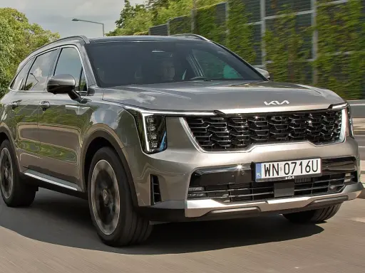 Nowa Kia Sorento w kolorze szarym, z charakterystycznym grillem i nowoczesnymi światłami, pędzi po drodze.