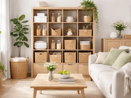 Un soggiorno ordinato con scaffali in legno pieni di cesti per il decluttering casa. Un divano bianco e un tavolino completano l'ambiente.