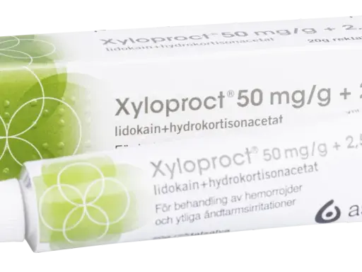 Xyloproct rektalsalva, ett effektivt medicin mot hemorrojder och irritationer. Förpackning och tub syns tydligt.