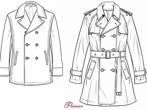 Line drawings showcase a classic trench coat with a belt and epaulets, contrasted with a shorter peacoat.