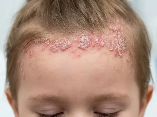 Psoriasis sur le cuir chevelu d'un bébé, avec des plaques rouges et squameuses le long de la ligne des cheveux.