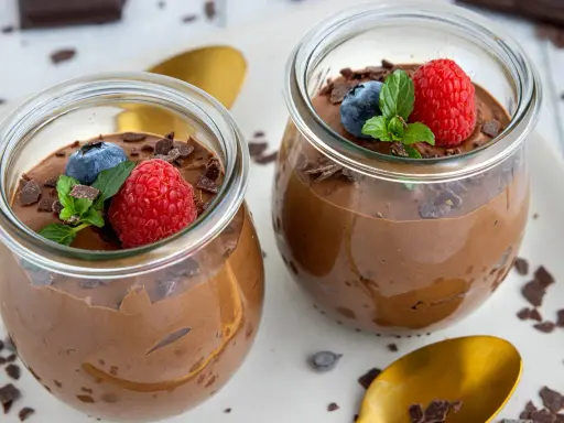 Zwei Gläser mit luftiger Schokomousse, garniert mit frischen Beeren und Schokostückchen. Ein Genuss für Schokoladenliebhaber!