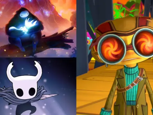 Kolaż z gier platformowych Xbox: Ori, Hollow Knight i Raz z Psychonauts.