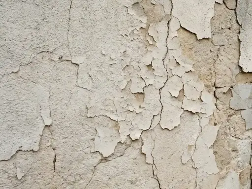 Texture d'un mur qui s'effrite, révélant des couches de peinture écaillée et des fissures profondes.