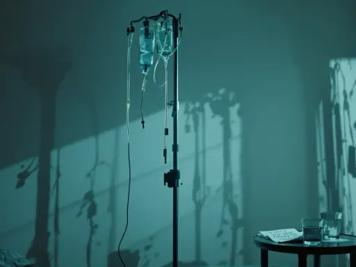 Szpitalne kroplówki i cienie na ścianie. Pytanie: urosepsa jak długo w szpitalu?